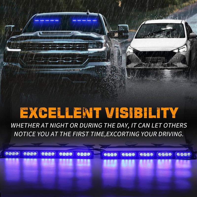 XRIDONSEN 2x 17 inch Blue Emergency Lights Bar 40 LED Dash Strobe Lights Interior Front/Rear Windshield Lights Safety Flashing Warning Hazard Light for Ambulance Firefighter Police Vehicles Trucks Car - Image 2